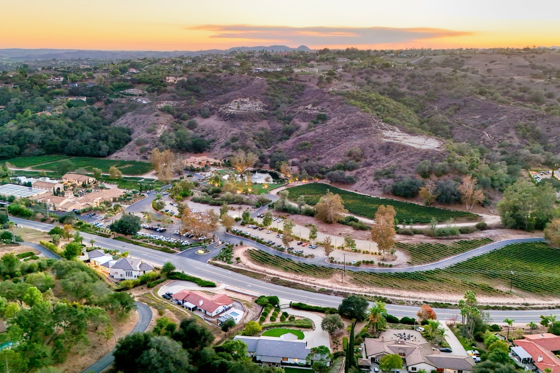 Sunset aerial showing the home across Gird Road from Monserate Winery