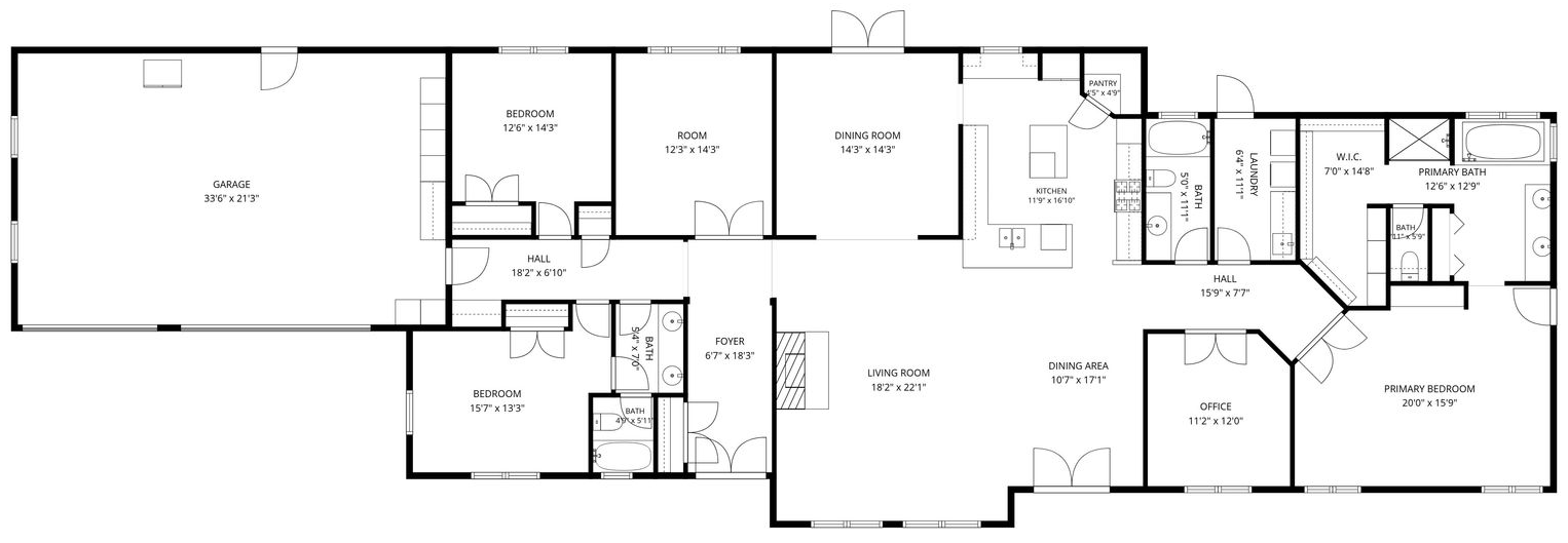 Floor plan of 2710 Gird Road showing garage, two bedrooms and bonus room on the west wing, living and kitchen at the center, office and primary suite on the east wing