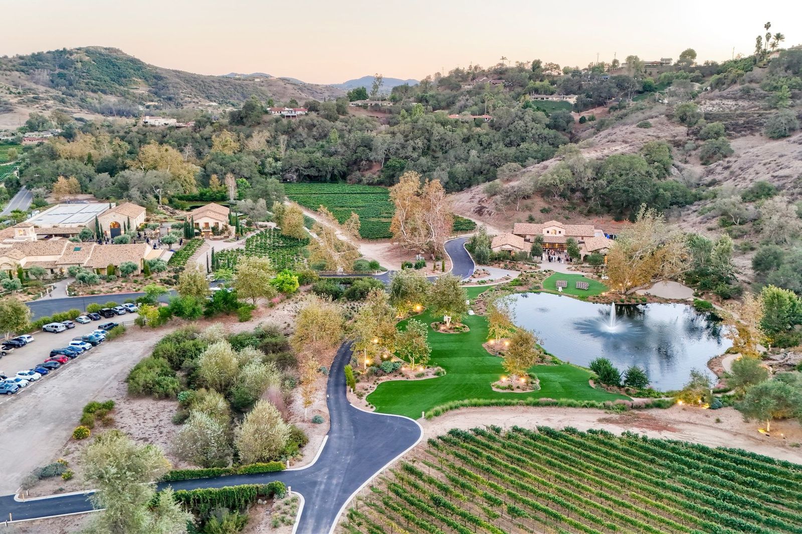 Monserate Winery vineyards, pond and event lawn from above